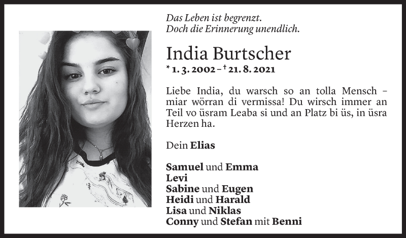  Todesanzeige für India Mara Burtscher vom 27.08.2021 aus Vorarlberger Nachrichten