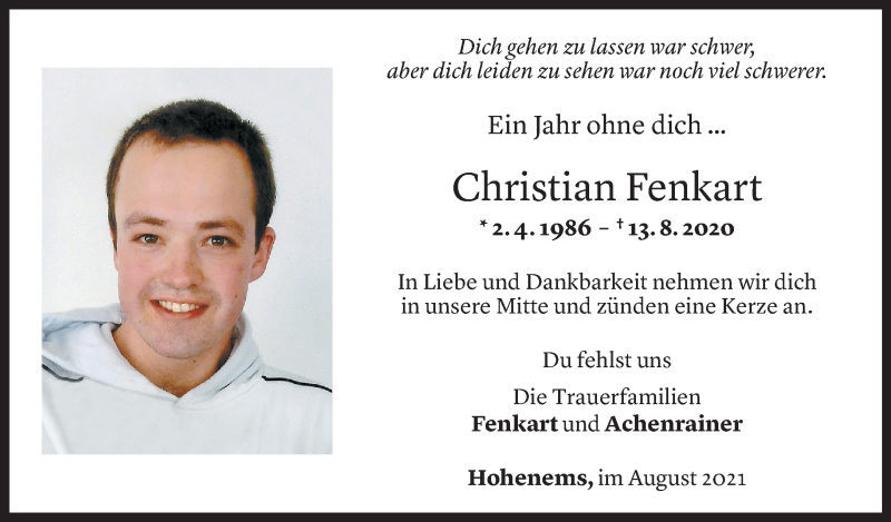  Todesanzeige für Christian Fenkart vom 13.08.2021 aus Vorarlberger Nachrichten