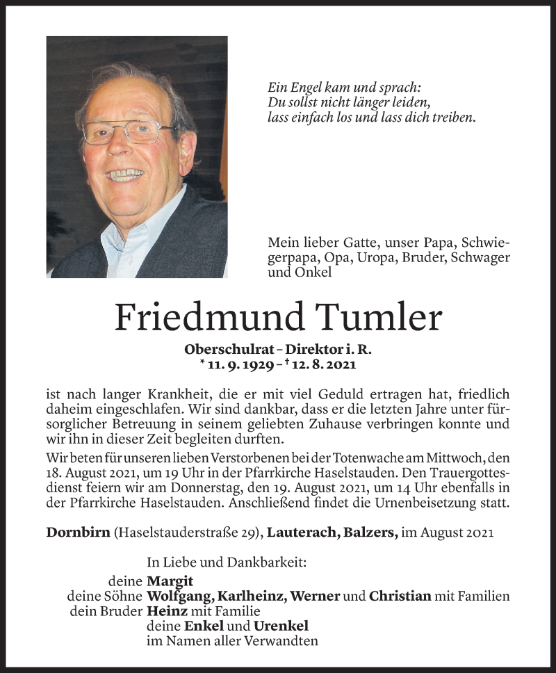  Todesanzeige für Friedmund Tumler vom 15.08.2021 aus Vorarlberger Nachrichten
