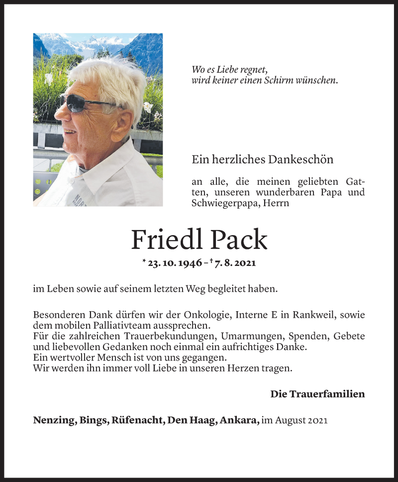  Todesanzeige für Gottfried Pack vom 22.08.2021 aus Vorarlberger Nachrichten