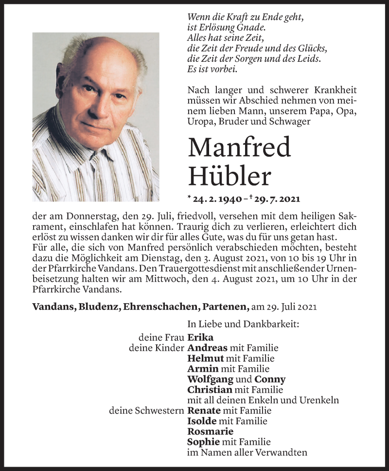  Todesanzeige für Manfred Hübler vom 01.08.2021 aus Vorarlberger Nachrichten