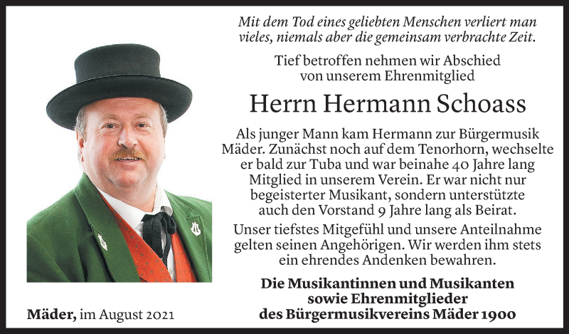  Todesanzeige für Hermann Schoass vom 03.08.2021 aus Vorarlberger Nachrichten