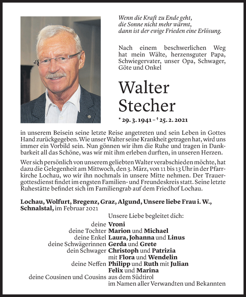  Todesanzeige für Walter Stecher vom 02.03.2021 aus Vorarlberger Nachrichten