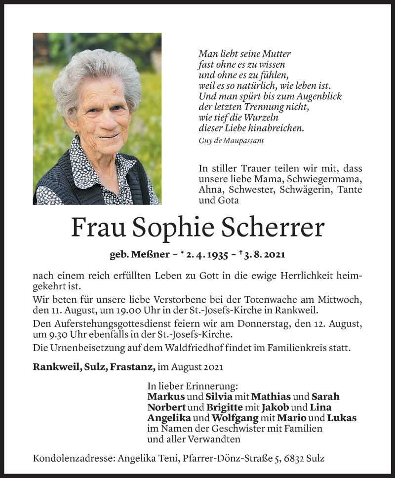  Todesanzeige für Sophie Scherrer vom 10.08.2021 aus Vorarlberger Nachrichten