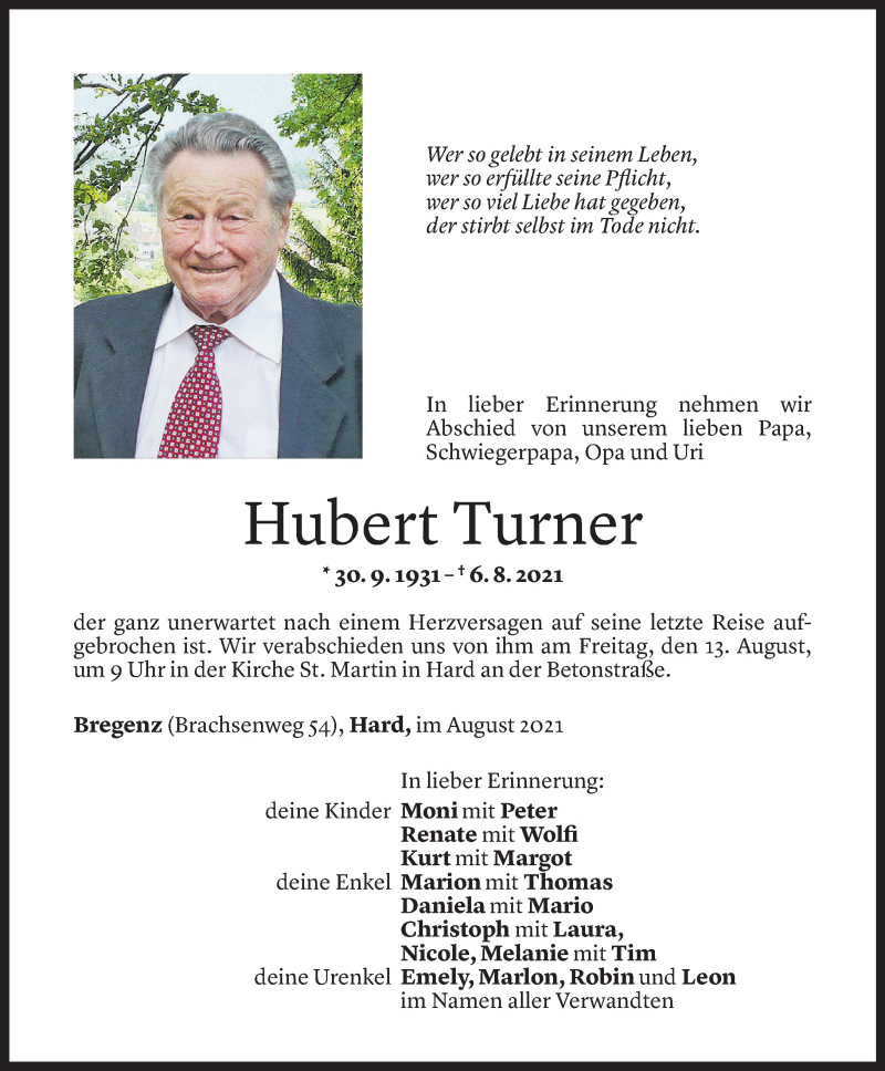  Todesanzeige für Hubert Turner vom 10.08.2021 aus Vorarlberger Nachrichten