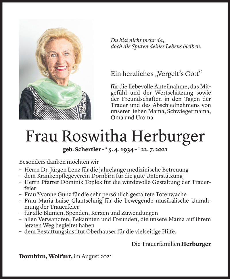  Todesanzeige für Roswitha Herburger vom 20.08.2021 aus Vorarlberger Nachrichten