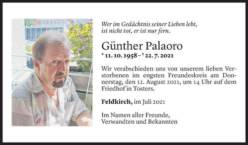  Todesanzeige für Günther Palaoro vom 10.08.2021 aus Vorarlberger Nachrichten