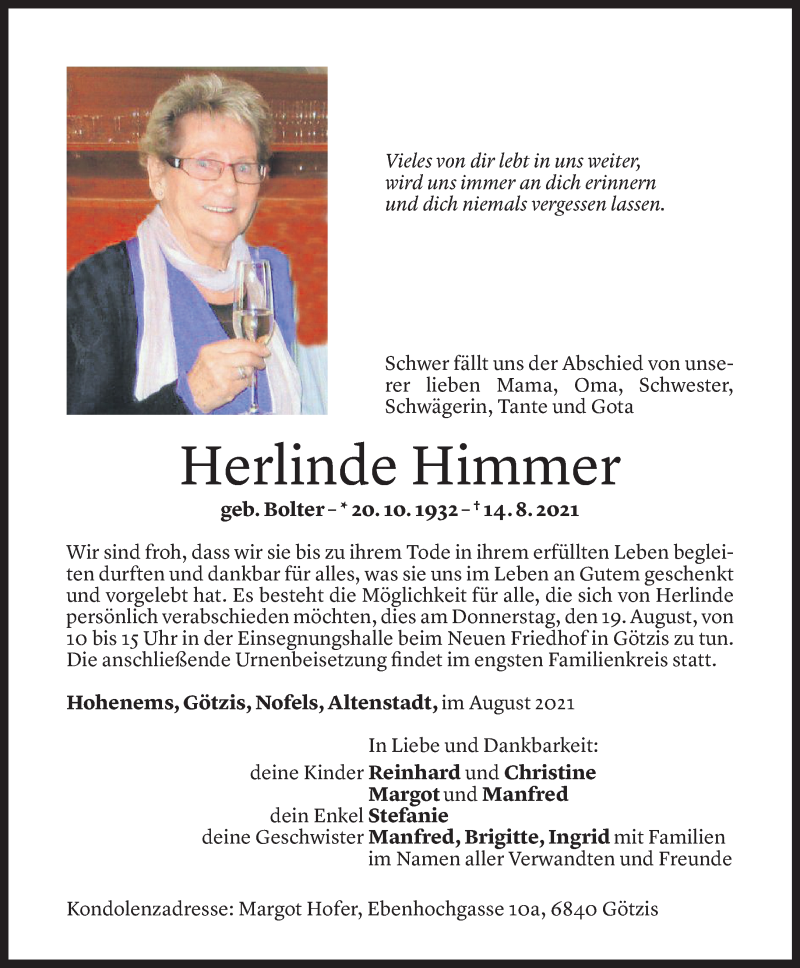  Todesanzeige für Herlinde Himmer vom 17.08.2021 aus Vorarlberger Nachrichten
