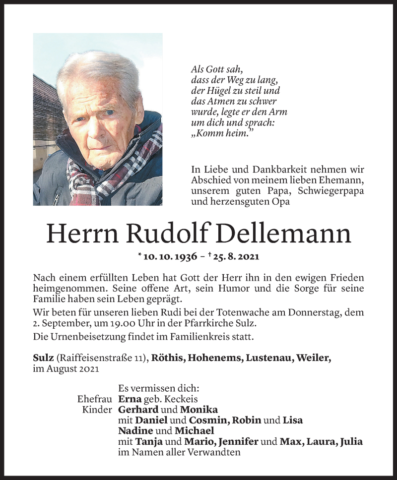  Todesanzeige für Rudolf Dellemann vom 30.08.2021 aus Vorarlberger Nachrichten