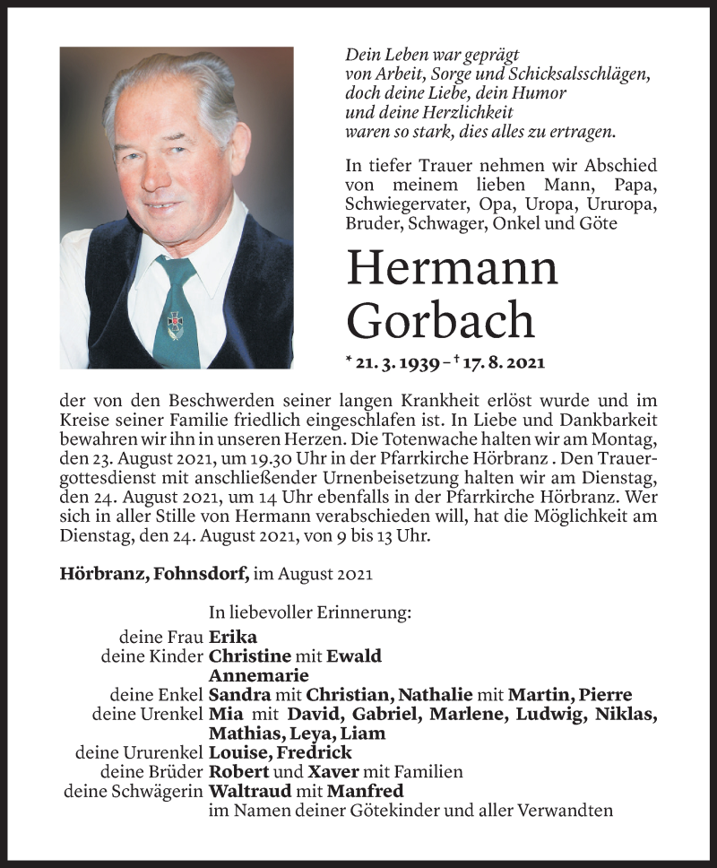  Todesanzeige für Hermann Gorbach vom 20.08.2021 aus Vorarlberger Nachrichten
