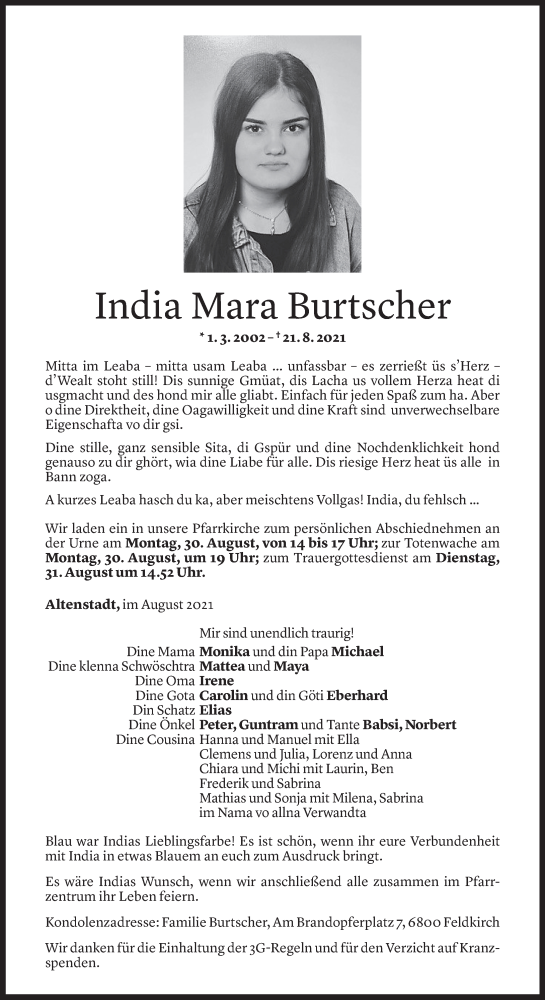  Todesanzeige für India Mara Burtscher vom 27.08.2021 aus Vorarlberger Nachrichten