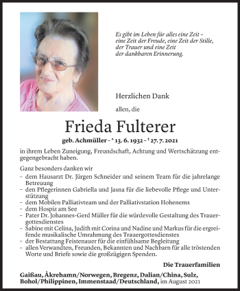 Todesanzeige von Frieda Fulterer von Vorarlberger Nachrichten