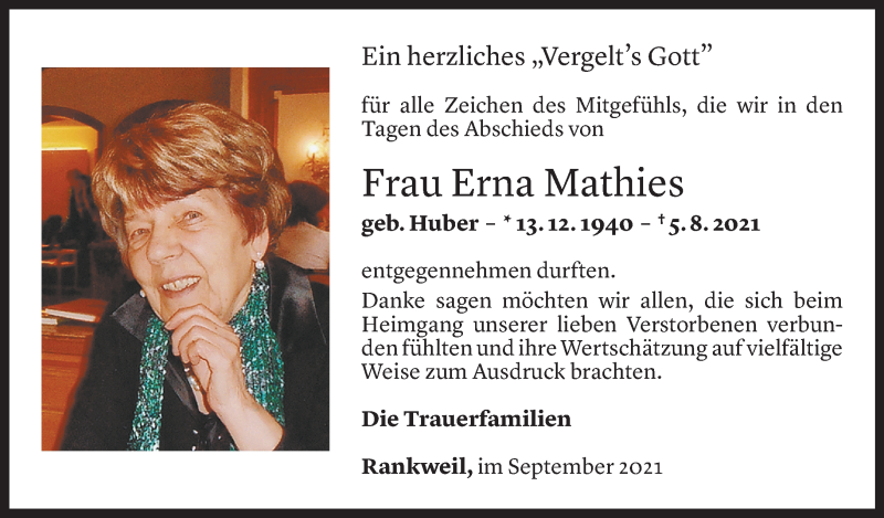  Todesanzeige für Erna Mathies vom 01.09.2021 aus Vorarlberger Nachrichten