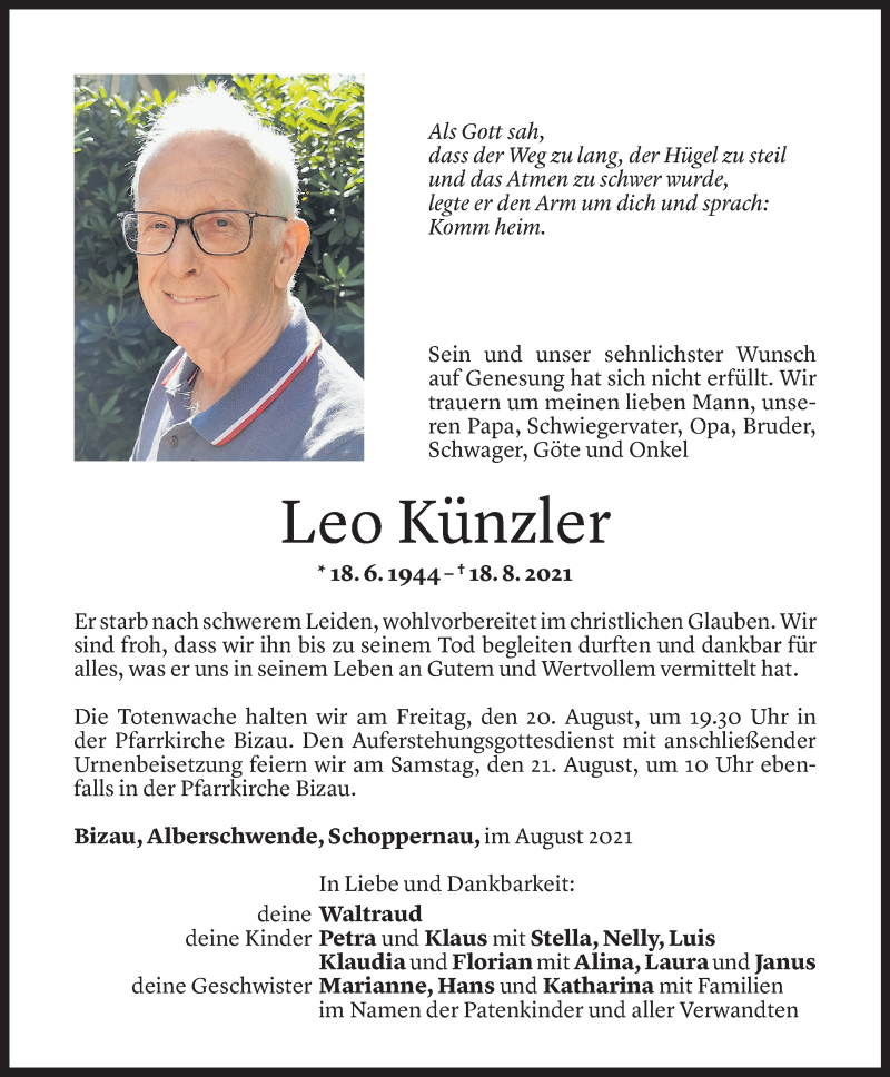  Todesanzeige für Leo Künzler vom 18.08.2021 aus Vorarlberger Nachrichten
