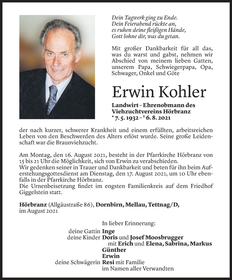  Todesanzeige für Erwin Kohler vom 13.08.2021 aus Vorarlberger Nachrichten