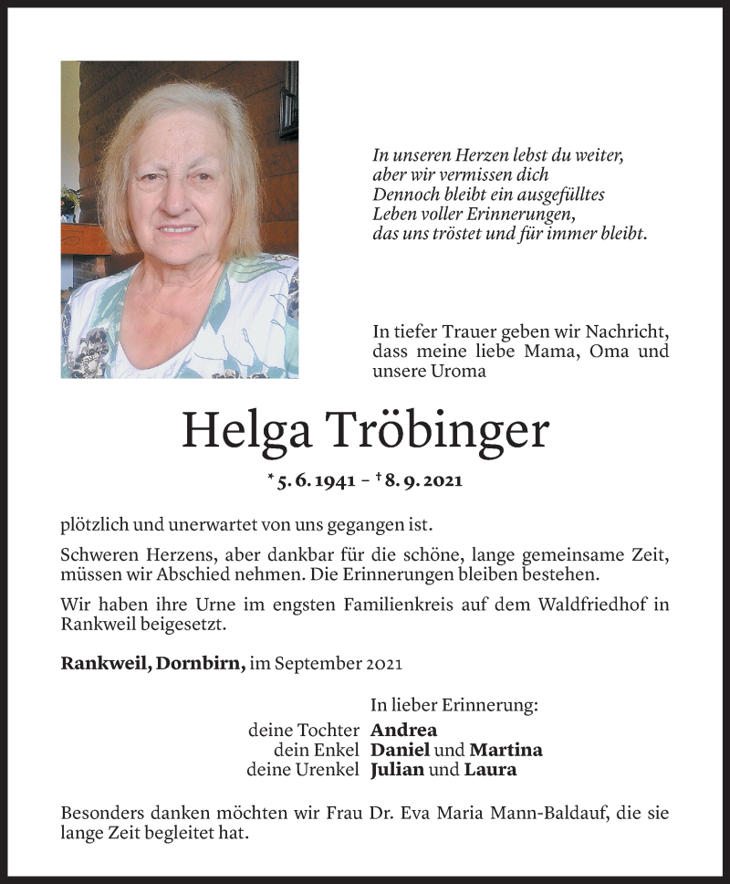  Todesanzeige für Helga Tröbinger vom 15.09.2021 aus Vorarlberger Nachrichten