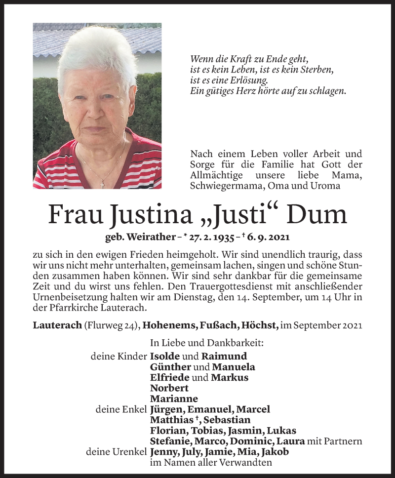  Todesanzeige für Justina Dum vom 10.09.2021 aus Vorarlberger Nachrichten
