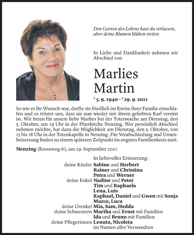  Todesanzeige für Marlies Martin vom 01.10.2021 aus Vorarlberger Nachrichten