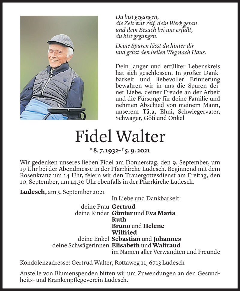  Todesanzeige für Fidel Walter vom 07.09.2021 aus Vorarlberger Nachrichten