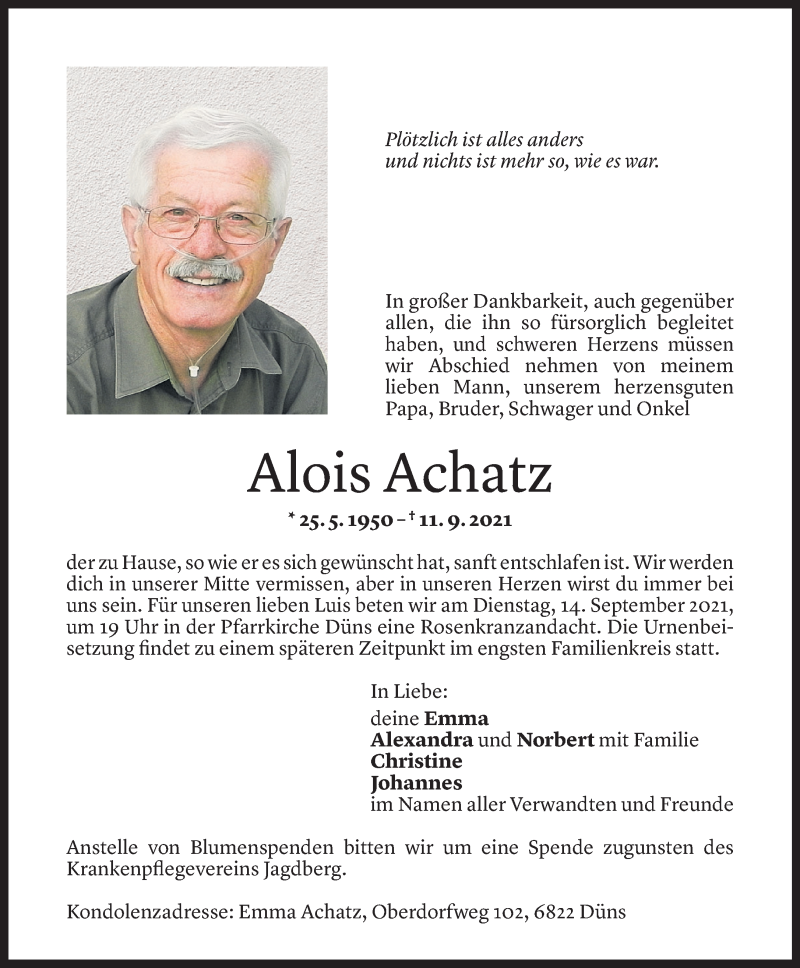  Todesanzeige für Alois Achatz vom 13.09.2021 aus Vorarlberger Nachrichten