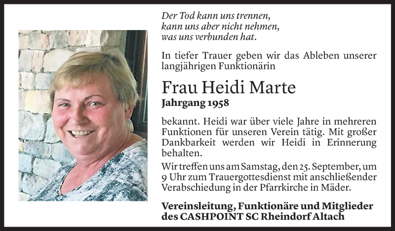  Todesanzeige für Heidi Marte vom 22.09.2021 aus Vorarlberger Nachrichten