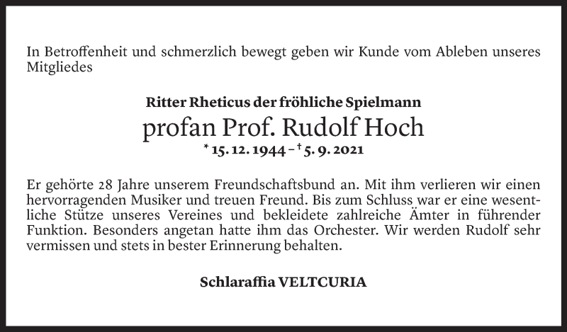  Todesanzeige für Rudolf Hoch vom 09.09.2021 aus Vorarlberger Nachrichten