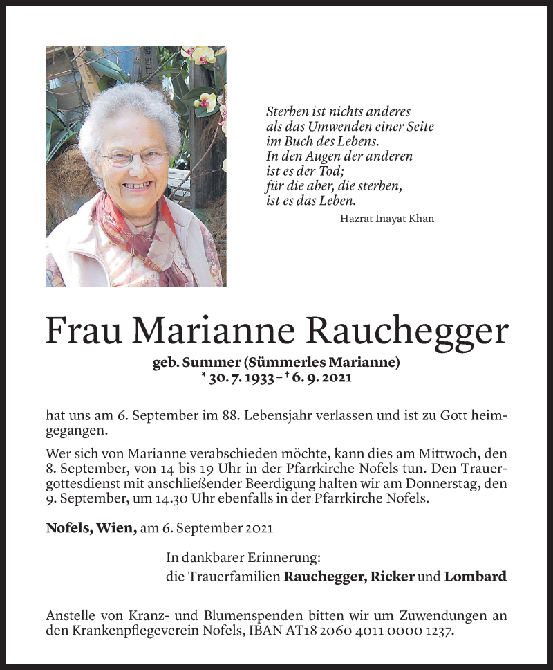  Todesanzeige für Marianne Rauchegger vom 07.09.2021 aus Vorarlberger Nachrichten