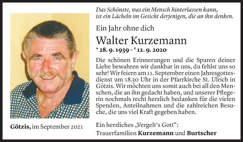  Todesanzeige für Walter Kurzemann vom 08.09.2021 aus Vorarlberger Nachrichten