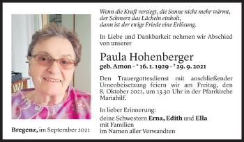 Todesanzeige von Paula Hohenberger von Vorarlberger Nachrichten