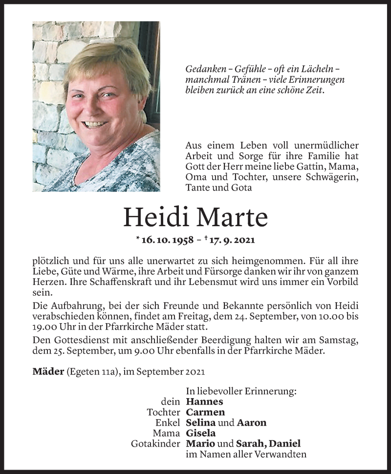  Todesanzeige für Heidi Marte vom 22.09.2021 aus Vorarlberger Nachrichten