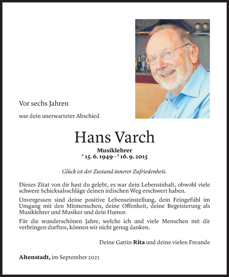  Todesanzeige für Hans Varch vom 16.09.2021 aus Vorarlberger Nachrichten
