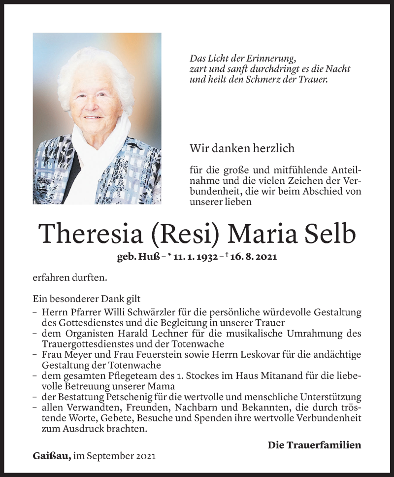  Todesanzeige für Theresia Maria Selb vom 03.09.2021 aus Vorarlberger Nachrichten