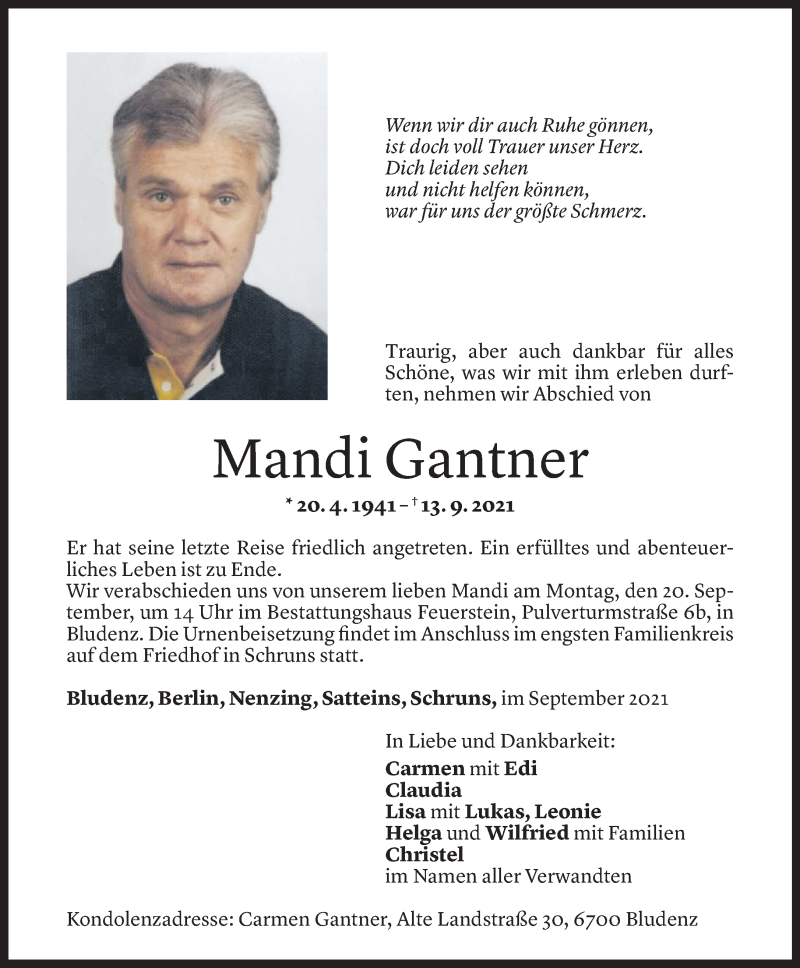  Todesanzeige für Manfred Gantner vom 16.09.2021 aus Vorarlberger Nachrichten