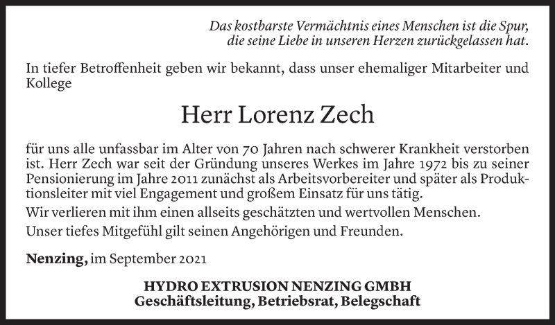  Todesanzeige für Lorenz Zech vom 07.09.2021 aus Vorarlberger Nachrichten