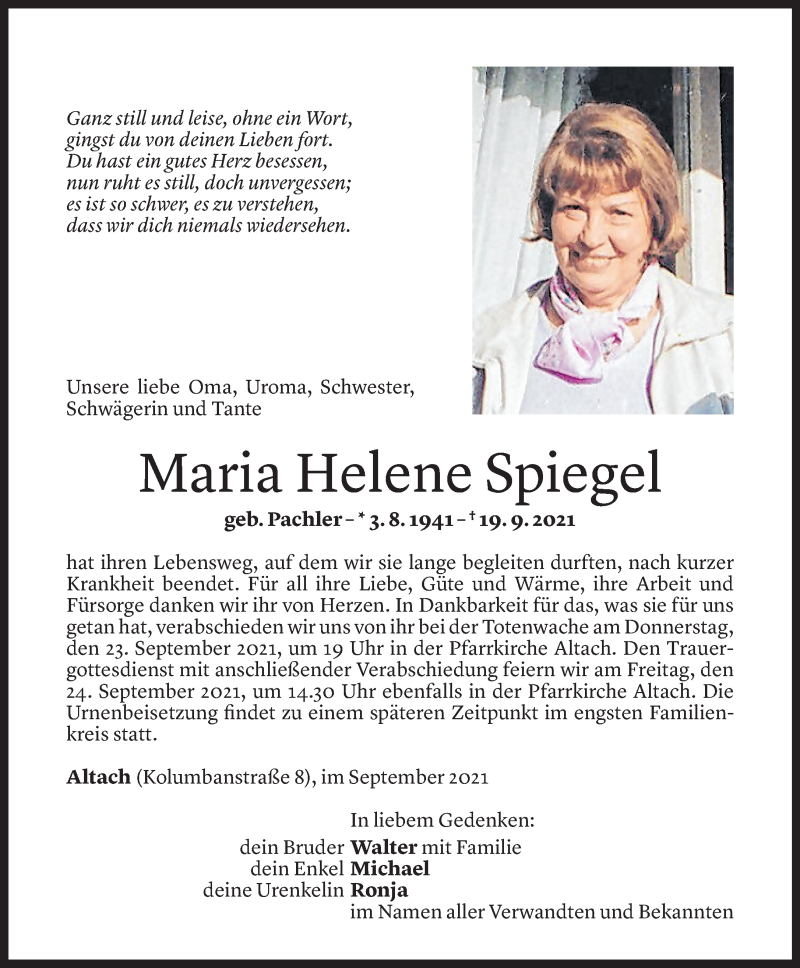  Todesanzeige für Maria Helene Spiegel vom 21.09.2021 aus Vorarlberger Nachrichten