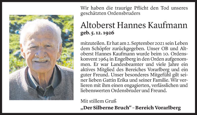  Todesanzeige für Hannes Kaufmann vom 04.09.2021 aus Vorarlberger Nachrichten