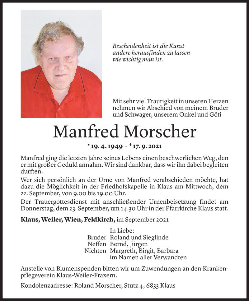  Todesanzeige für Manfred Morscher vom 21.09.2021 aus Vorarlberger Nachrichten