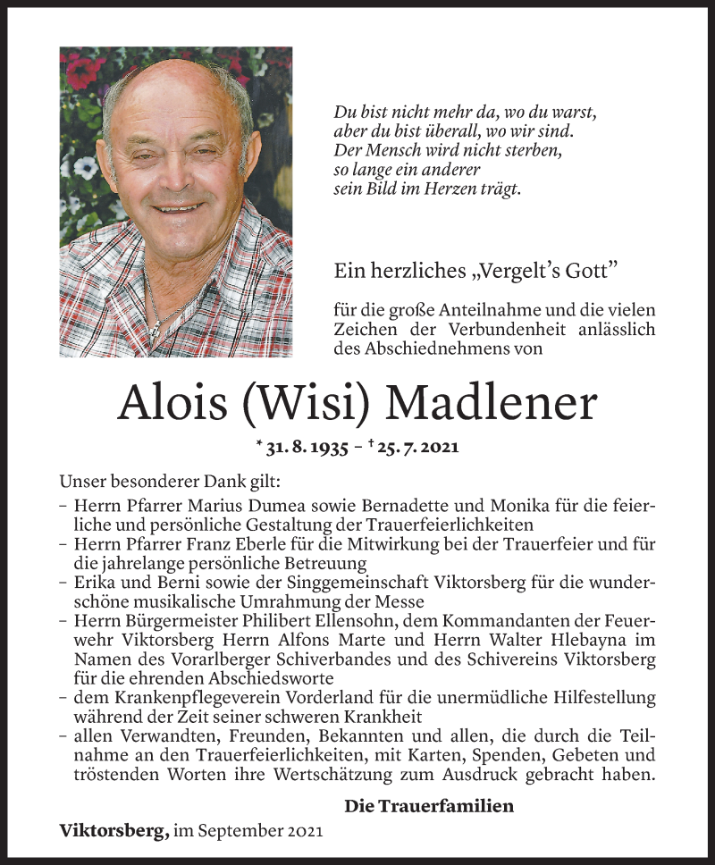  Todesanzeige für Alois Madlener vom 07.09.2021 aus Vorarlberger Nachrichten