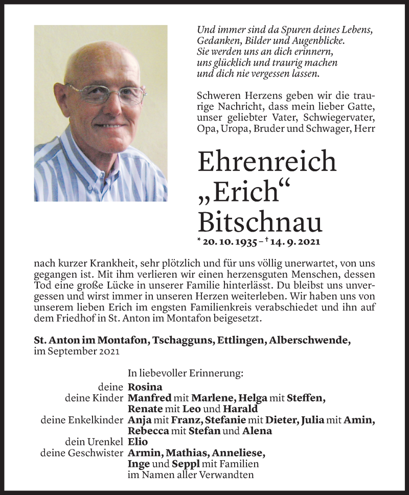 Todesanzeige für Ehrenreich Bitschnau vom 18.09.2021 aus Vorarlberger Nachrichten