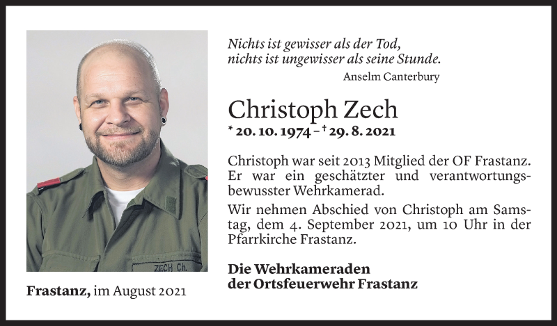  Todesanzeige für Christoph Zech vom 01.09.2021 aus Vorarlberger Nachrichten