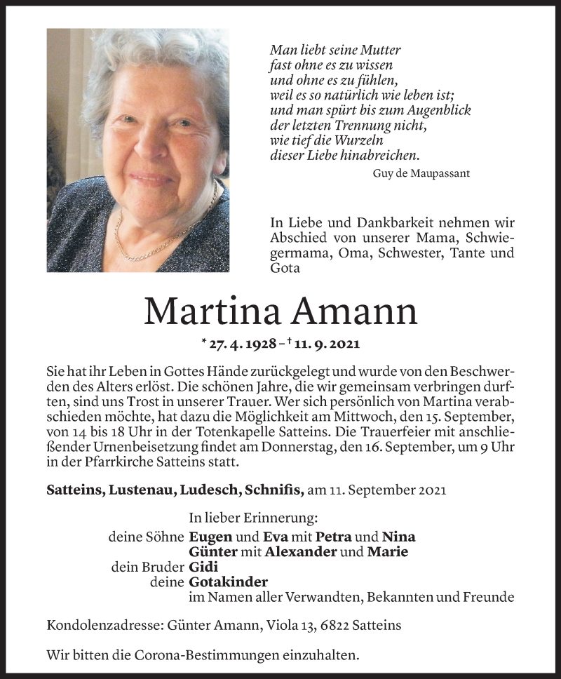  Todesanzeige für Martina Amann vom 13.09.2021 aus Vorarlberger Nachrichten