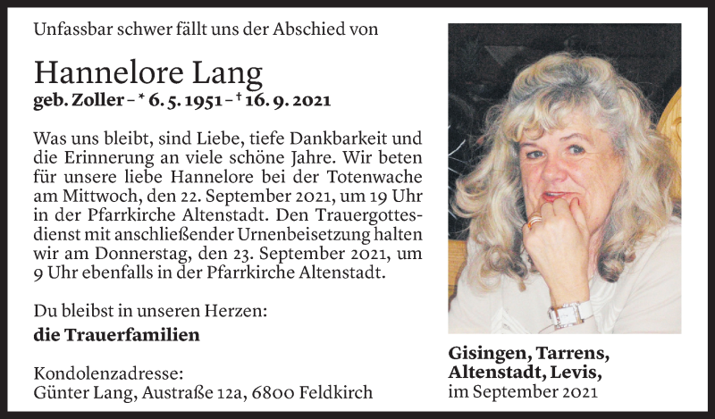  Todesanzeige für Hannelore Lang vom 19.09.2021 aus Vorarlberger Nachrichten