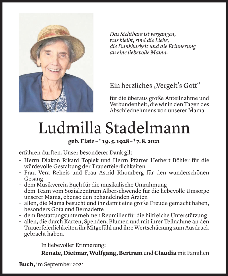  Todesanzeige für Ludmilla Stadelmann vom 10.09.2021 aus Vorarlberger Nachrichten