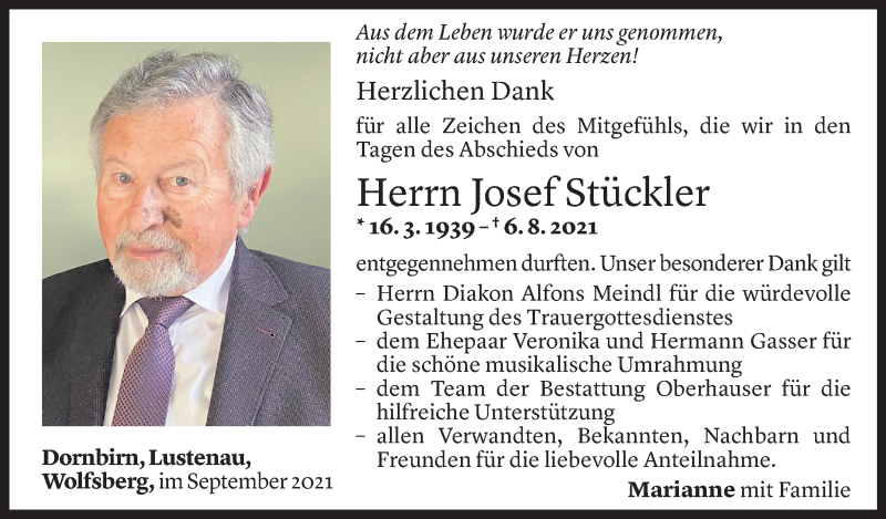  Todesanzeige für Josef Stückler vom 09.09.2021 aus Vorarlberger Nachrichten