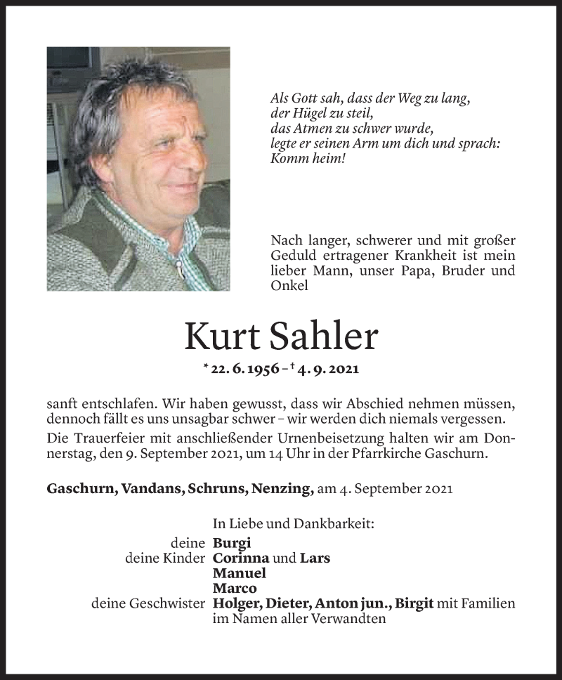  Todesanzeige für Kurt Sahler vom 06.09.2021 aus Vorarlberger Nachrichten