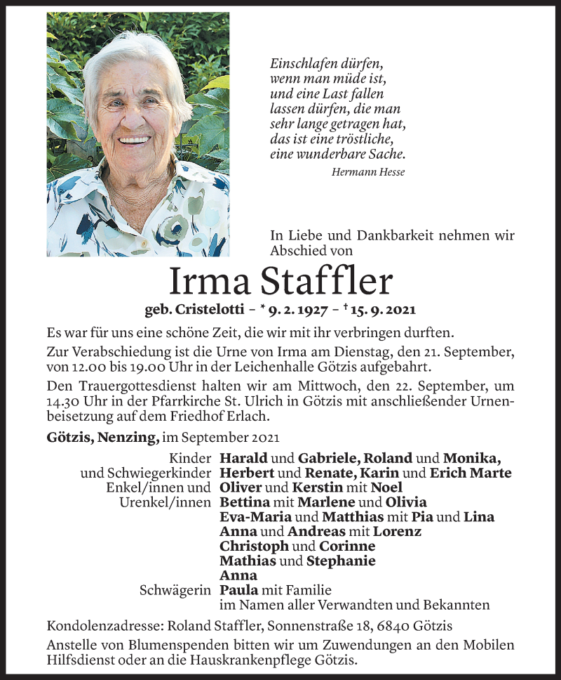  Todesanzeige für Irma Staffler vom 18.09.2021 aus Vorarlberger Nachrichten