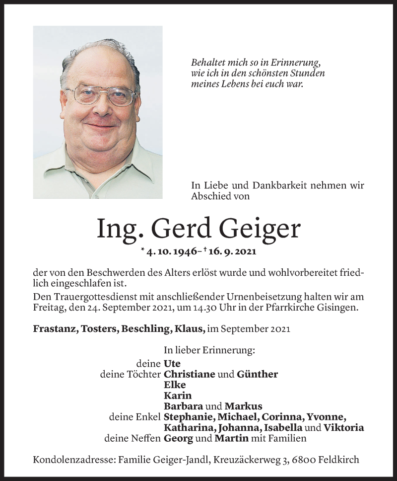  Todesanzeige für Gerd Geiger vom 20.09.2021 aus Vorarlberger Nachrichten
