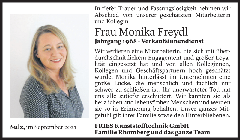  Todesanzeige für Monika Freydl vom 17.09.2021 aus Vorarlberger Nachrichten