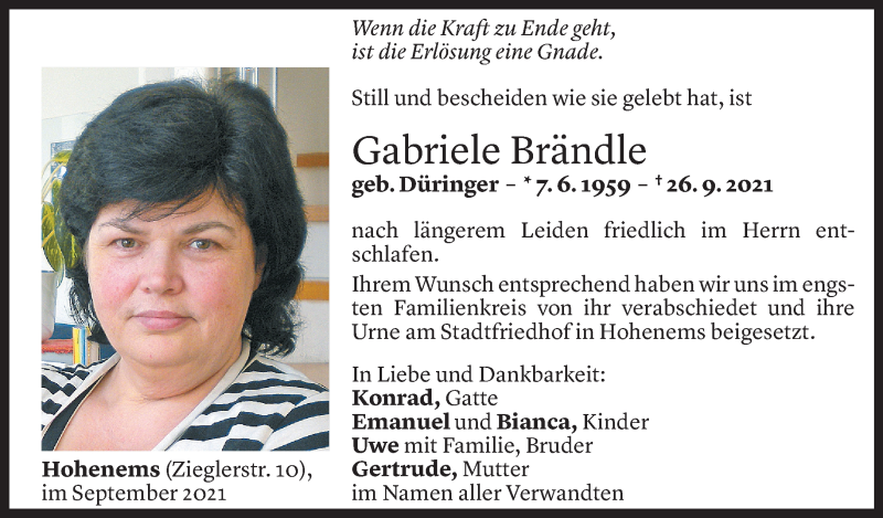  Todesanzeige für Gabriele Brändle vom 30.09.2021 aus Vorarlberger Nachrichten