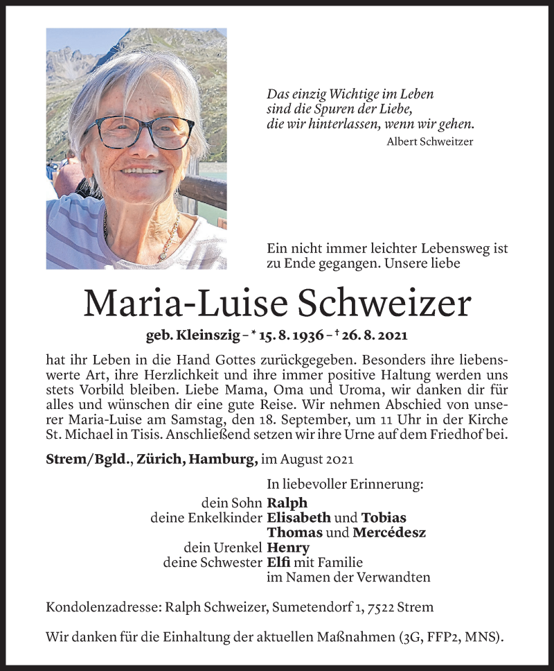  Todesanzeige für Maria-Luise Schweizer vom 14.09.2021 aus Vorarlberger Nachrichten